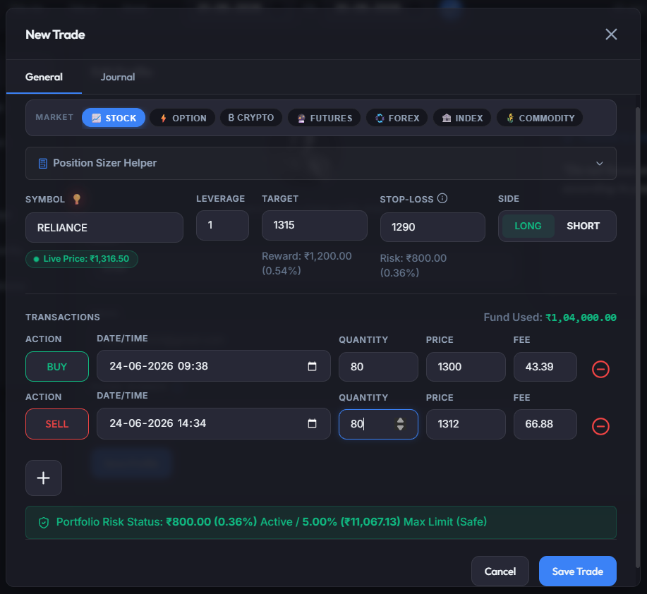 Default Trade Entry Panel
